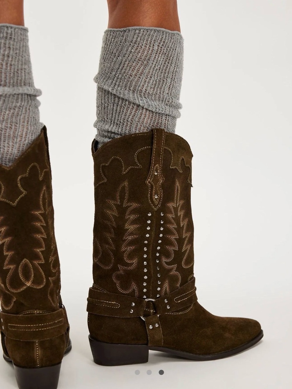 Free People Rodeo Riding Olive Brown Suede Western Studded Mid-Calf Boots